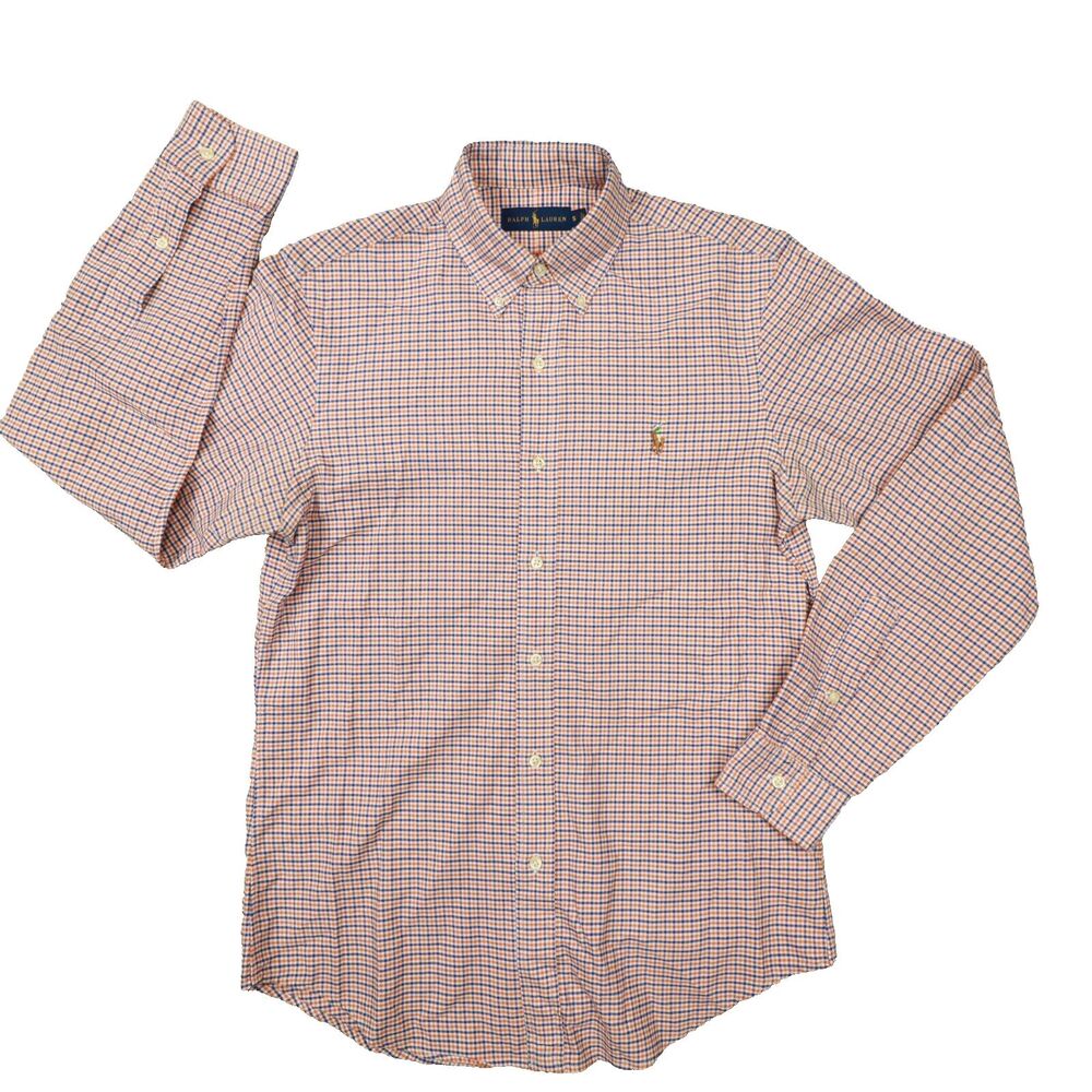 Ralph Lauren Men's Orange Blue Check Long Sleeve Button Up Shirt size‎ Small